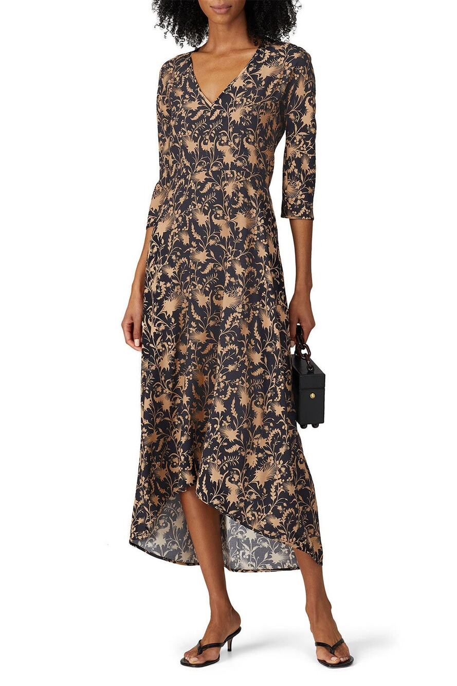 Zero + Maria Cornejo Isie Black Tan Floral Silk Maxi Dress WOMENS 12